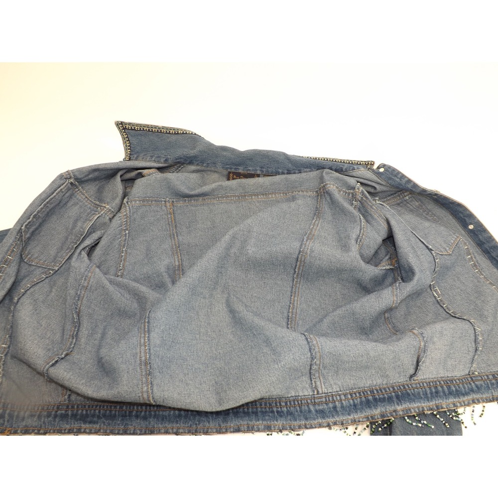 Womens Embellished Denim Jean Jacket Blue Beaded Western Trucker Style L Large - Picture 8 of 16